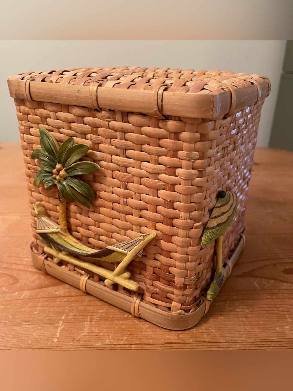 VTG Rattan‎ Tissue Box Cover Palm Tree Hammock Tropical Beach 6″ Cube